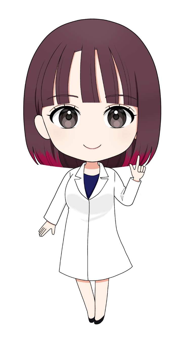 眼科医 佐藤 香のイラスト:白衣を着た笑顔の女性が指を指している